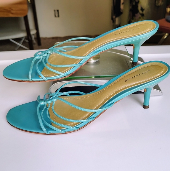 Ann Taylor women's leather strappy stiletto heel sandals,slip-on Turquoise 8.5M, - Picture 11 of 17